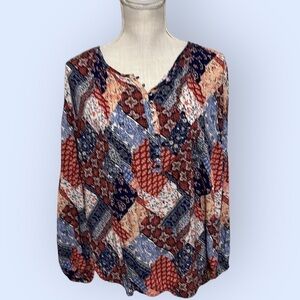 CB 1962 patchwork peasant blouse, red/blue. Sz 2x